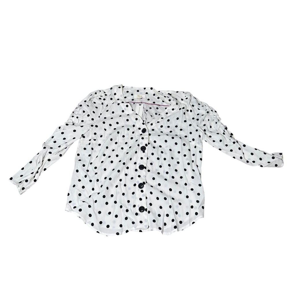 Maeve Anthropologie Polka Dot Ruched Sleeve Button Down Blouse White Black M